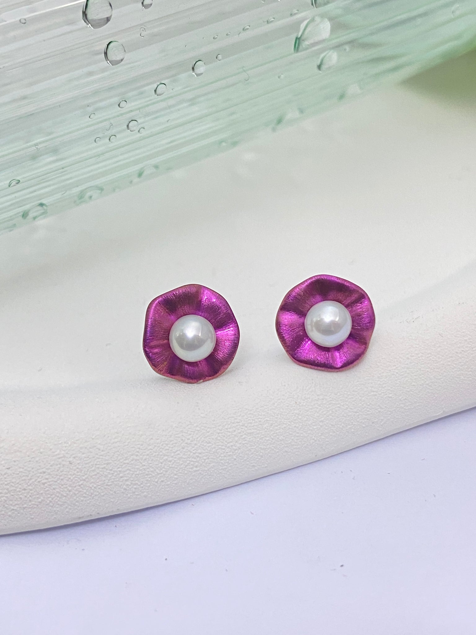 VGACETI  Brushed Lotus Leaf with Edison's freshwater pearls TITANIUM EARRINGS FOR SENSITIVE EARS